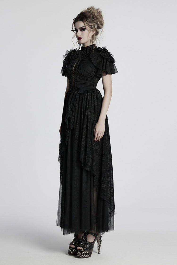 Black Short Sleeves Ruffle Stitching Lace Women's Gothic Layered Ball Gown Dress