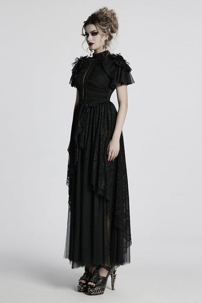 Black Short Sleeves Ruffle Stitching Lace Women's Gothic Layered Ball Gown Dress