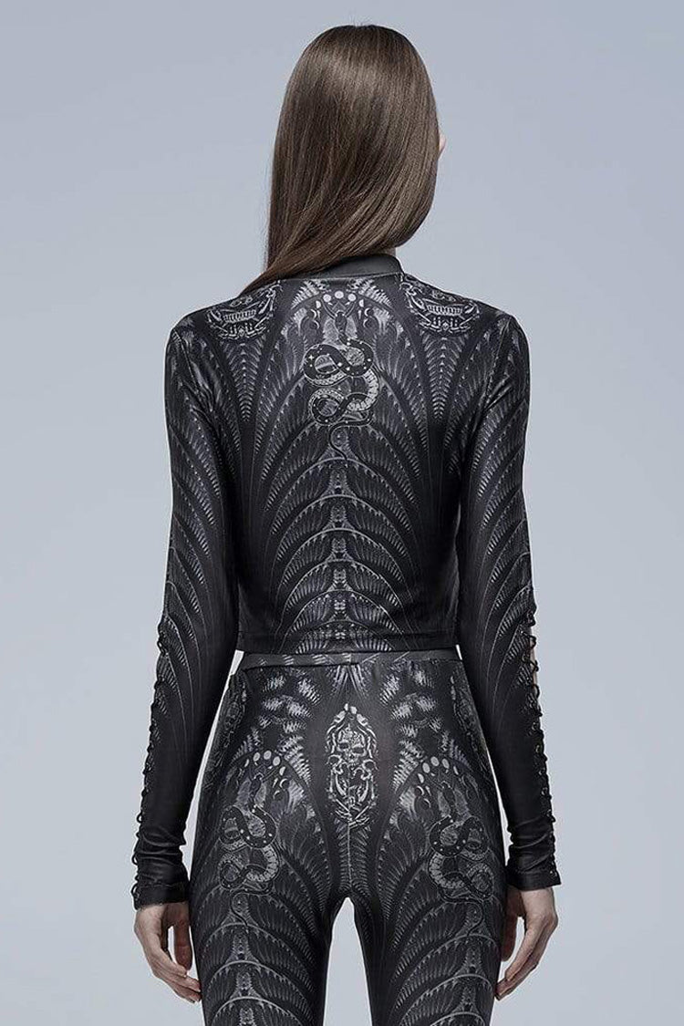 Black/Grey Gothic Perspective Elasticity Skeleton Print Cross Tie Rope Design Mesh Women's T-Shirt