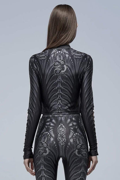 Black/Grey Gothic Perspective Elasticity Skeleton Print Cross Tie Rope Design Mesh Women's T-Shirt