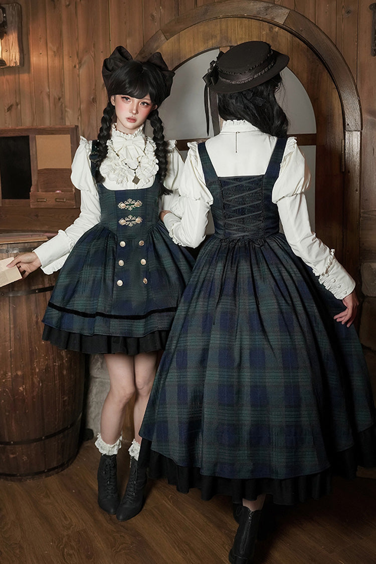 Blue/Green [Berlin's letter] Double-Layered Plaid Print Ruffle Bowknot Classic College Style Lolita Strap Dress Set 2 Versions