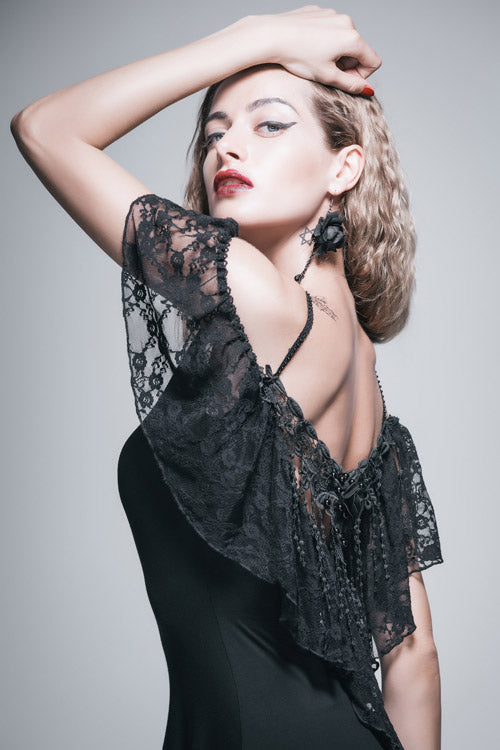 Black Sexy Rose Lace Tassel Back Over Hip Womens Long Gothic T-Shirt