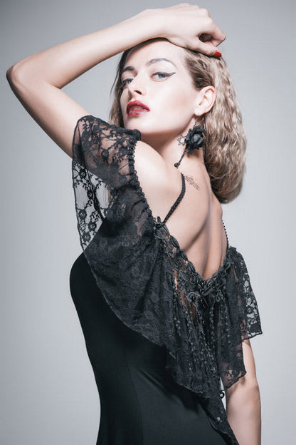 Black Sexy Rose Lace Tassel Back Over Hip Womens Long Gothic T-Shirt