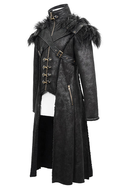 Black Stand Up Collar Shoulder Fur Cape Front Metal Hasp Chest Loops Long Fur Men's Punk Coat