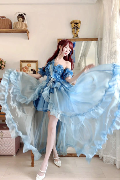 Blue [Mermaid Princess] Ruffle Hanayome Bowknot Sweet Elegant Lolita Jsk Dress Set