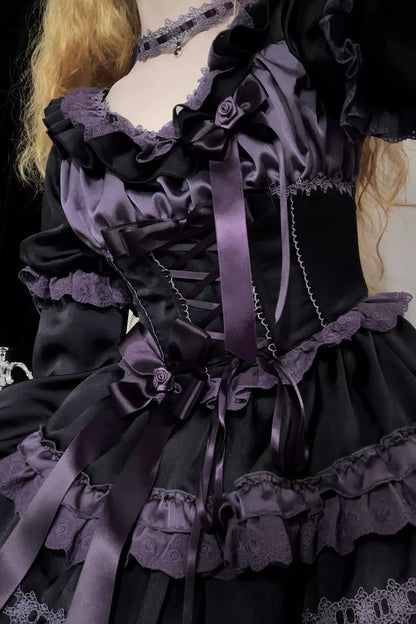 Black/Purple [Layered Blackcurrant] Short Sleeves Ruffle Bowknot Lace Sweet Lolita Dress