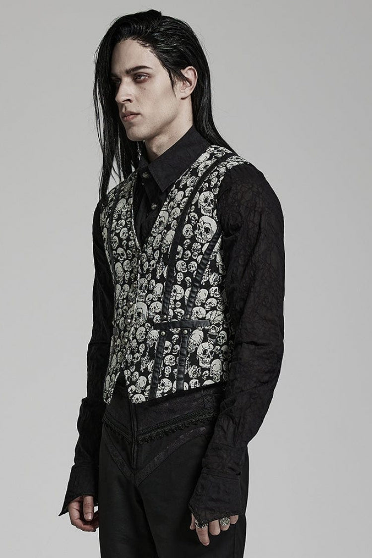 White/Black Contrast Sleeveless Skulls Print Jacquard Hollow Mens Gothic Vest