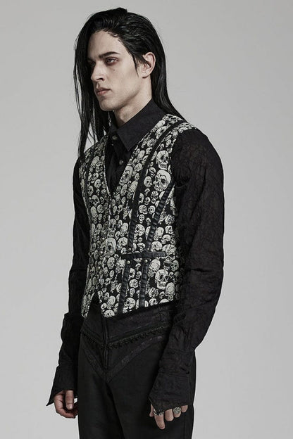 White/Black Contrast Sleeveless Skulls Print Jacquard Hollow Mens Gothic Vest