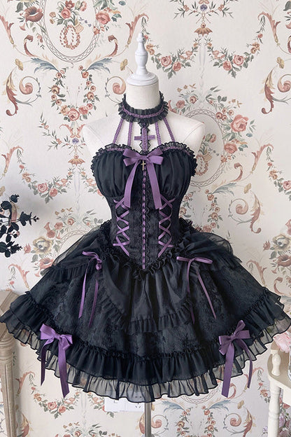 Black Purple Tube Top Sleeveless Blowknot Ruffled Gothic Lolita Tiered Dress