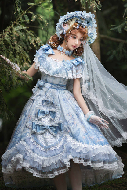 Blue The Key to the Secret Realm Gorgeous Wedding Princess Sweet Lolita Dress Set