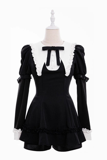 Black/White Long Sleeves Ruffle Bowknot Jirai Kei Japanese Witch Set