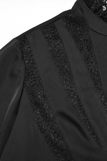 Black Stand Collar Long Puff Sleeves Stitching Lace Men's Gothic Blouse