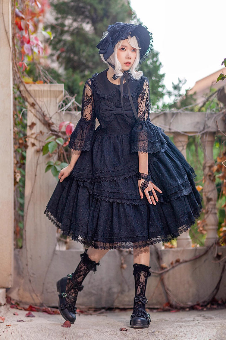 Black Solid Color Tower of Dawn Bowknot Sleeveless Ruffle Gothic Lolita Dress