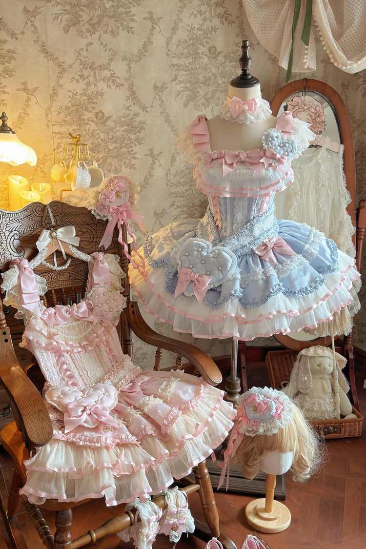 Blue Triple-Layered Ruffled Bow Lace-Up Slim Ballet Sweet Lolita Dress