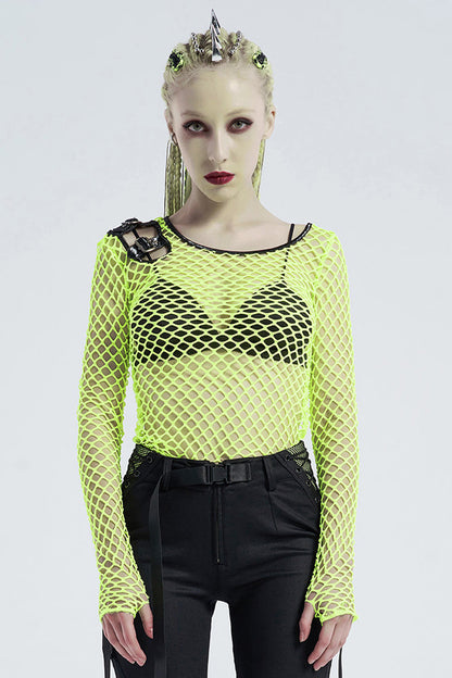 Green Long Sleeve Round Collar Shoulder Hollow Out Leather Hasp Coarse Mesh Women's Punk T-Shirt