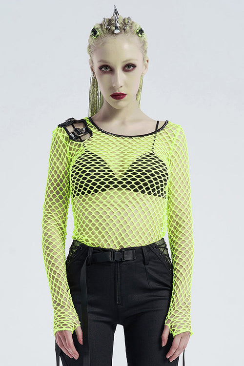 Green Long Sleeve Round Collar Shoulder Hollow Out Leather Hasp Coarse Mesh Women's Punk T-Shirt