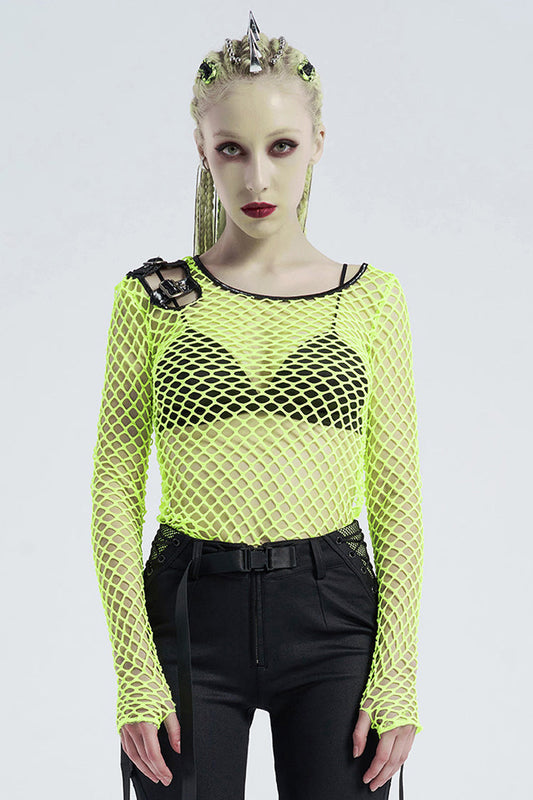 Green Long Sleeve Round Collar Shoulder Hollow Out Leather Hasp Coarse Mesh Women's Punk T-Shirt