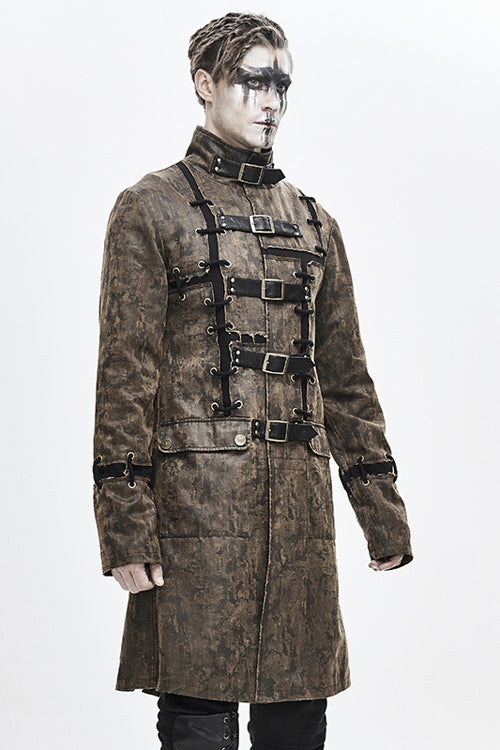 Brown Steampunk Patch Mens Long Leather Coat