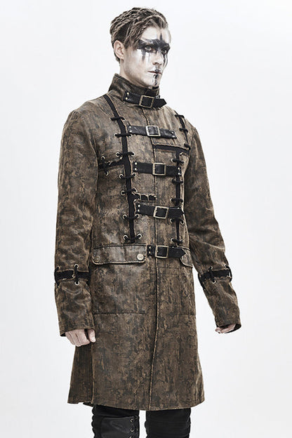 Brown Steampunk Patch Mens Long Leather Coat