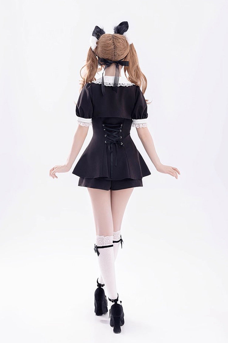 Black Short Sleeves Ruffle Bowknot Fake Two Pieces Jirai Kei Japanese Dress Shorts