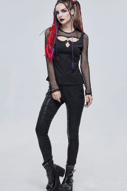 Black Punk Knitted Over Glue Metal Buckle Decoration Elasticity Leather Women's Leggings