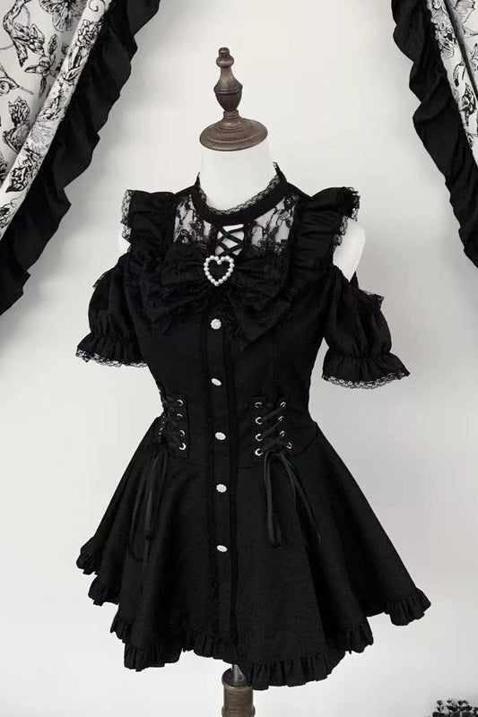 [Silver Candle Elegy”] Short Sleeves Printed Ruffled Cut-Out Bow Gothic Jirai Kei Top and Shorts Set 2 Colors
