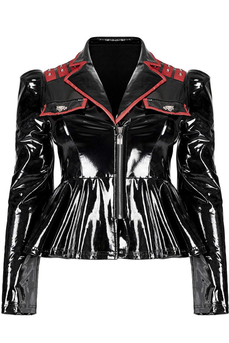 Black/Red Patent Leather Lapel Pleated Slim Fit Faux Leather Long Sleeve Punk Women's Jacket