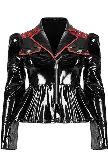 Black/Red Patent Leather Lapel Pleated Slim Fit Faux Leather Long Sleeve Punk Women's Jacket