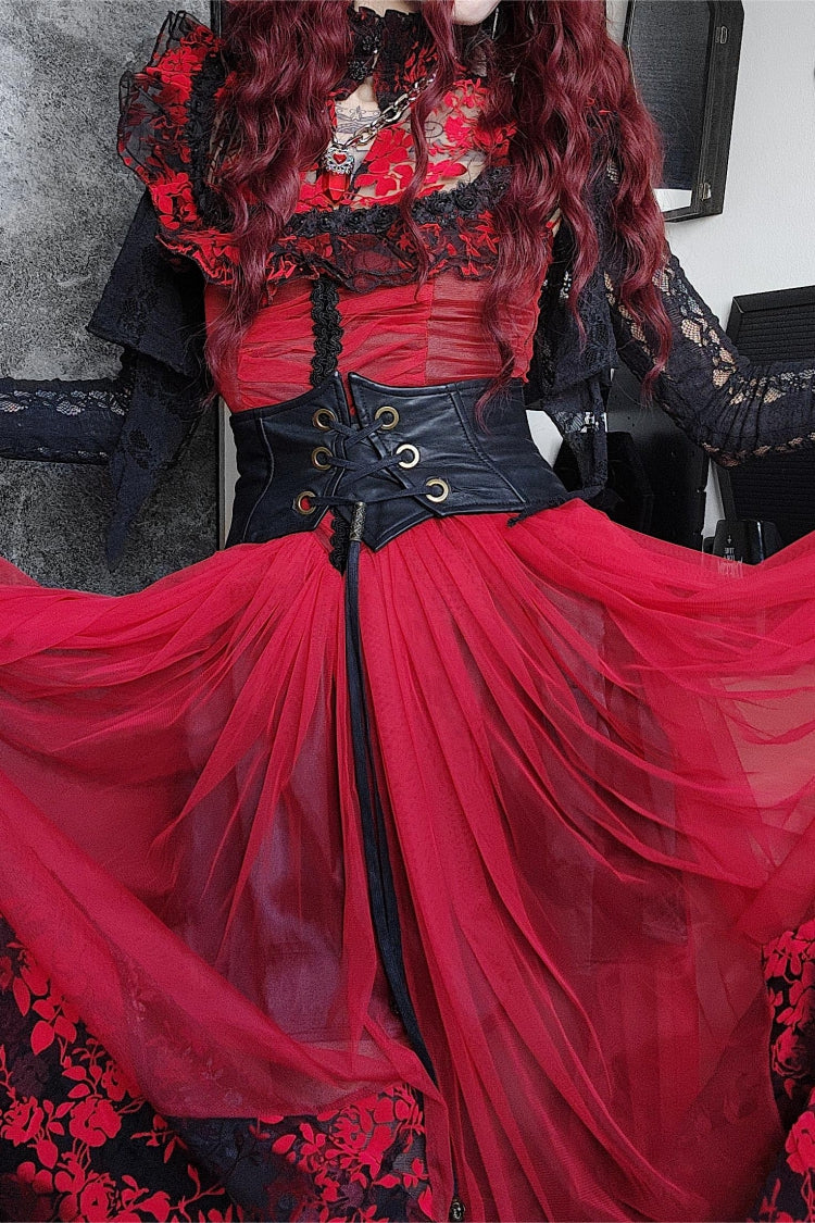 Black/Red Stand Collar Sleeveless Printed Hanayome Lace Lace-Up Women's Gothic Elegant Dress Wedding Dress
