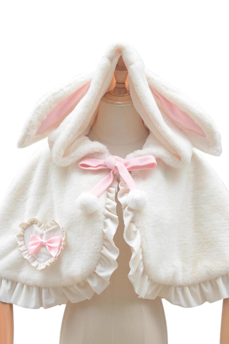 Ivory Plush Bunny Ears Bowknot Sweet Princess Lolita Cloak Coat
