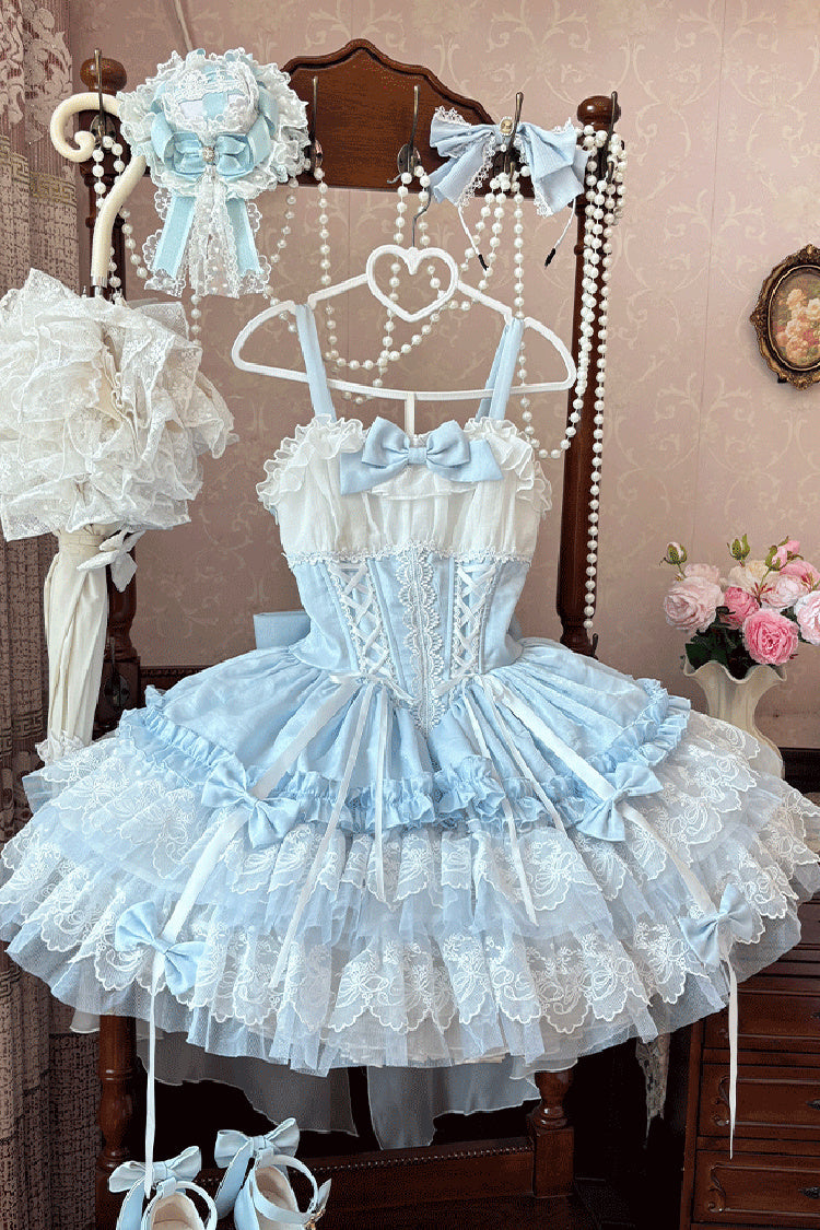 Blue [Dance of Time] Sleeveless Triple-Layered Ruffle Bowknot Lace Lace-Up Sweet Ballet Lolita Jsk Dress