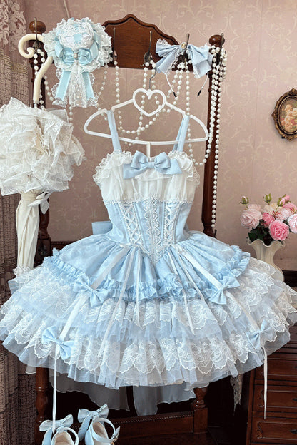 Blue [Dance of Time] Sleeveless Triple-Layered Ruffle Bowknot Lace Lace-Up Sweet Ballet Lolita Jsk Dress