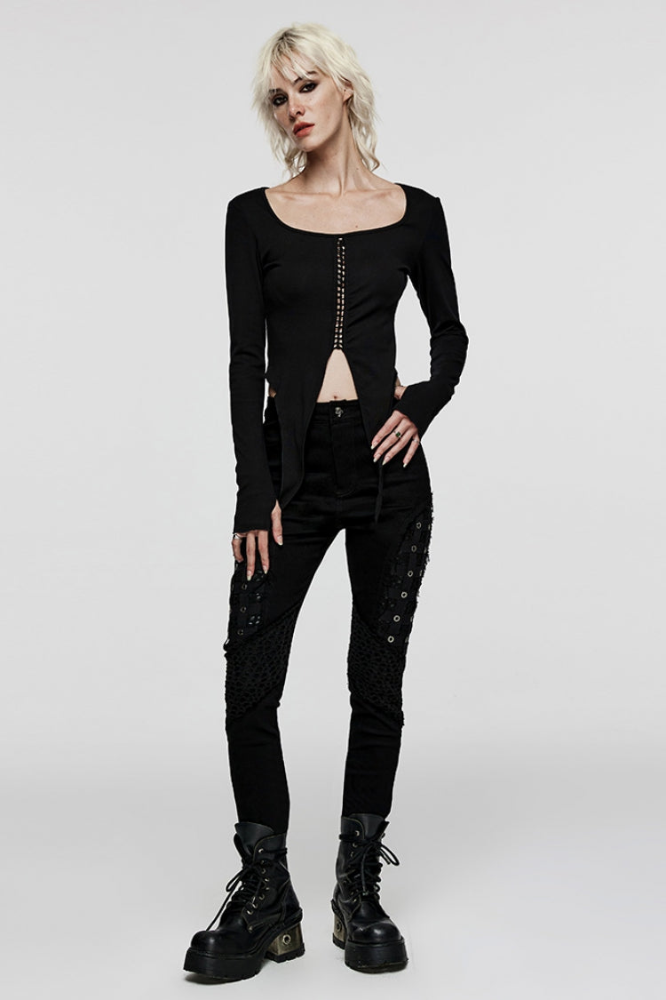 Black Stitching Slim Mesh Metal Eyelet Decoration Women's Steampunk Pants