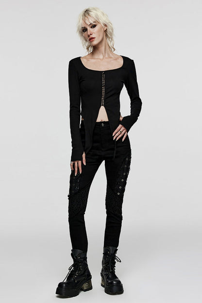 Black Stitching Slim Mesh Metal Eyelet Decoration Women's Steampunk Pants