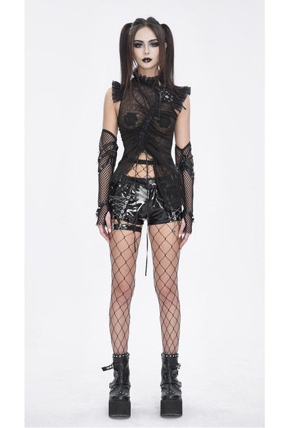 Black Sleeveless Ruffle Lace-Up Sheer Women's Gothic Blouse