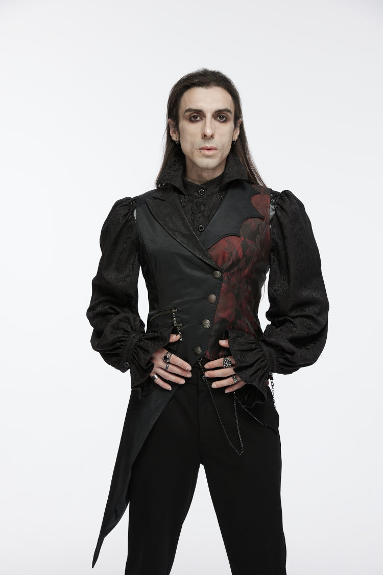 Black V Collar Sleeveless Embroidery Lace Asymmetric Men's Gothic Vest