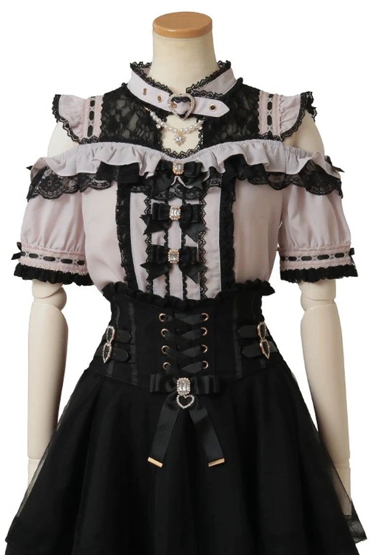 Alternative Fashion Choker - Jirai Kei Choker Neck, 3 Colors, Lace Trim, Sweet Style - S Black/Pink Short-Sleeved / M Black/Pink Short-Sleeved / L Black/Pink Short-Sleeved option