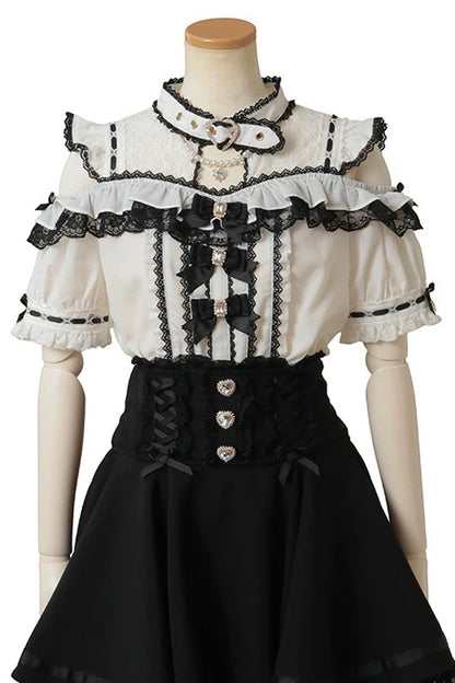 Alternative Fashion Choker - Jirai Kei Choker Neck, 3 Colors, Lace Trim, Sweet Style - S Black/White Short-Sleeved / M Black/White Short-Sleeved / L Black/White Short-Sleeved option
