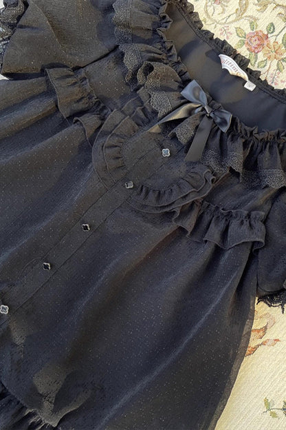 Alternative Fashion Shirt - Elegant Round Collar Ruffle, 2 Colors, Sweet Style, Ruffled - S Black / M Black / L Black option