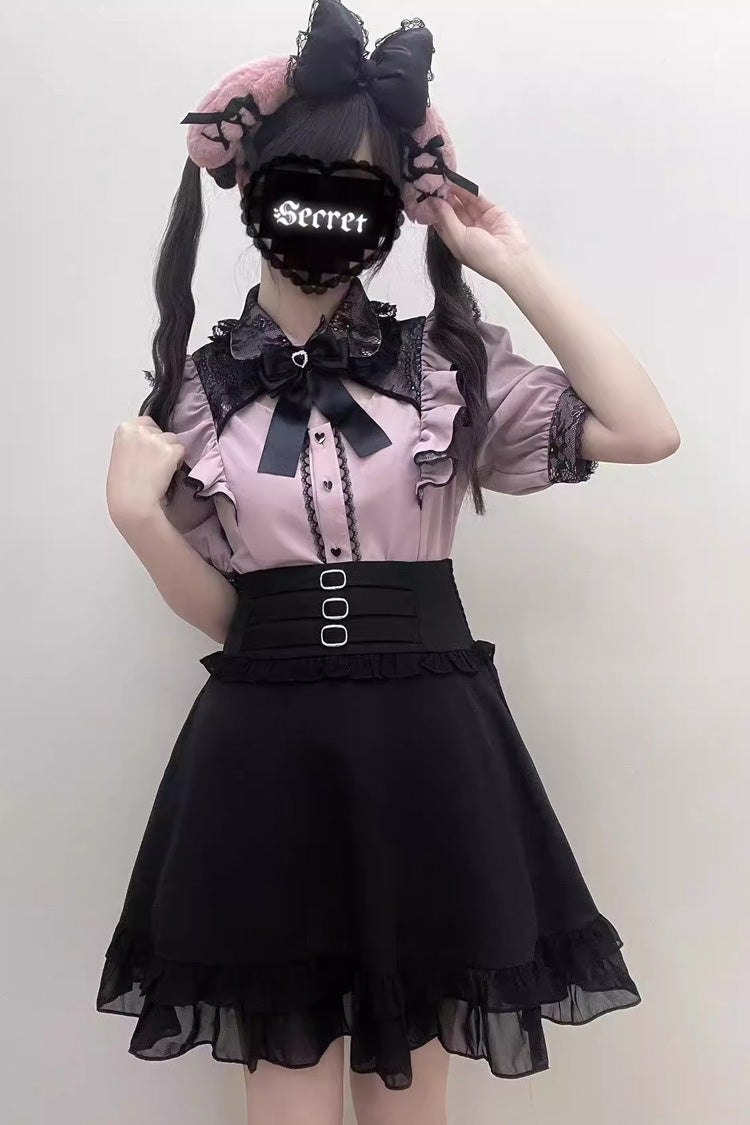 Alternative Fashion Shirt - Jirai Kei, 3 Colors, Sweet Style, Bow Detail, Lace Trim - S Grey/Pink / M Grey/Pink / L Grey/Pink option