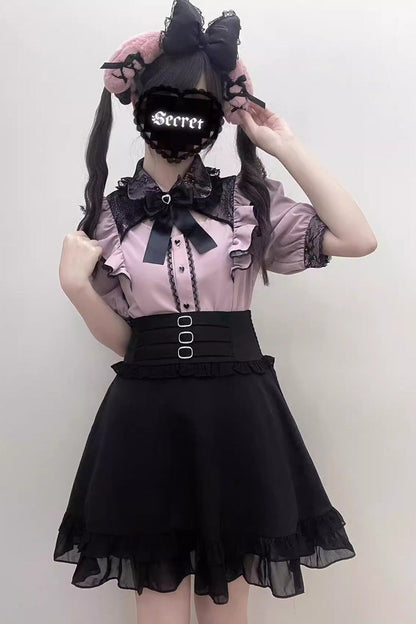 Alternative Fashion Shirt - Jirai Kei, 3 Colors, Sweet Style, Bow Detail, Lace Trim - S Grey/Pink / M Grey/Pink / L Grey/Pink option