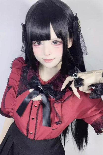 Alternative Fashion Shirt - Jirai Kei, 3 Colors, Sweet Style, Bow Detail, Lace Trim - S Red / M Red / L Red option