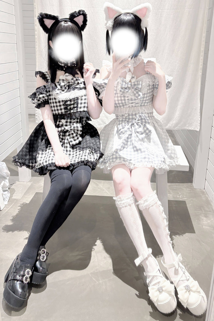 Alternative Fashion Shirt - Night Rabbit Dream, 2 Colors, Plaid, Bow Detail, Lace Trim - additional product view 3