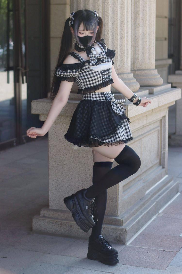 Alternative Fashion Shirt - Night Rabbit Dream, 2 Colors, Plaid, Bow Detail, Lace Trim - additional product view 9