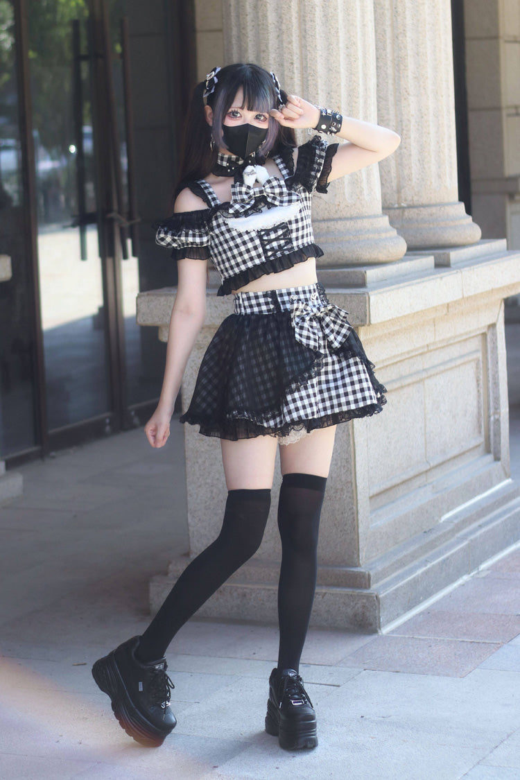 Alternative Fashion Shirt - Night Rabbit Dream, 2 Colors, Plaid, Bow Detail, Lace Trim - additional product view 13