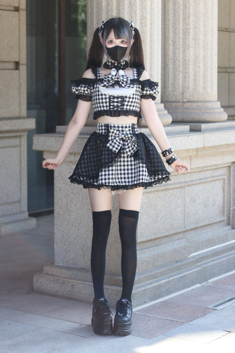 Alternative Fashion Shirt - Night Rabbit Dream, 2 Colors, Plaid, Bow Detail, Lace Trim - additional product view 14