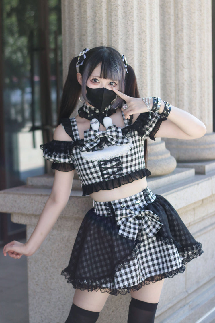 Alternative Fashion Shirt - Night Rabbit Dream, 2 Colors, Plaid, Bow Detail, Lace Trim - main product image