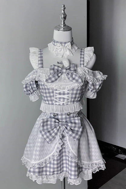 Alternative Fashion Shirt - Night Rabbit Dream, 2 Colors, Plaid, Bow Detail, Lace Trim - S Grey/White / M Grey/White / L Grey/White option