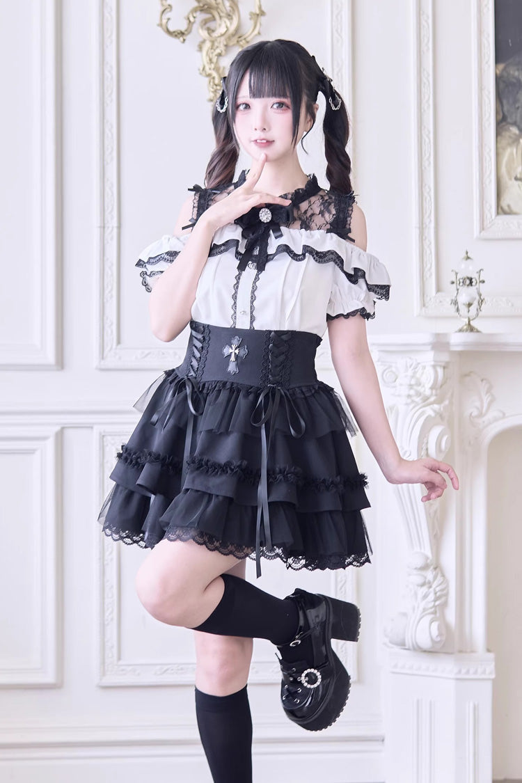 Alternative Fashion Shirt - Off Shoulder Hollow Bowknot, 3 Colors, Lace Trim, Sweet Style - additional product view 3