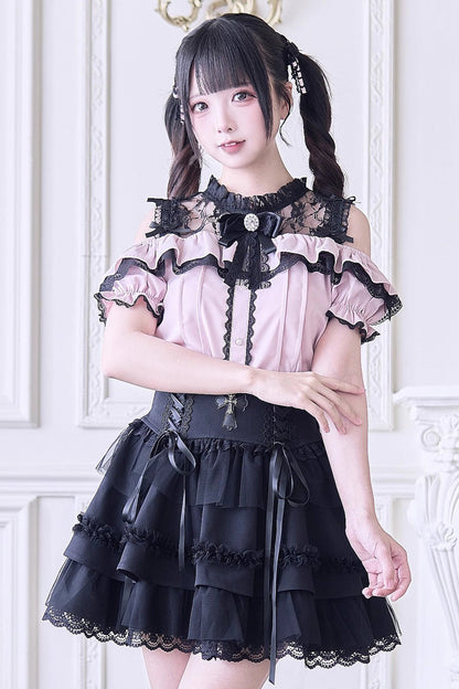 Alternative Fashion Shirt - Off Shoulder Hollow Bowknot, 3 Colors, Lace Trim, Sweet Style - additional product view 4